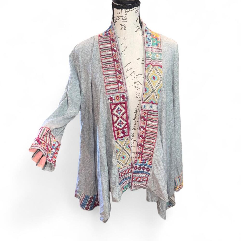 JWLA Johnny Was Gray Cotton Cardigan Colorful Embroidered Boho Festival L